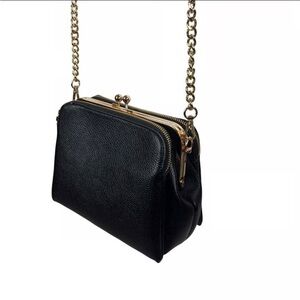 Jen & Co Black Faux Leather Crossbody Bag Gold Tone Chain Link Kisslock Purse